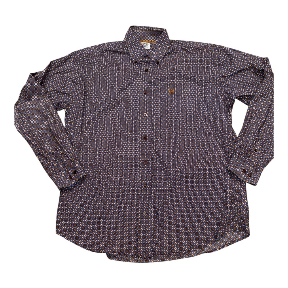 Cinch Mens Western Button Down Shirt Medium Blue Brown Geometric Diamond Print